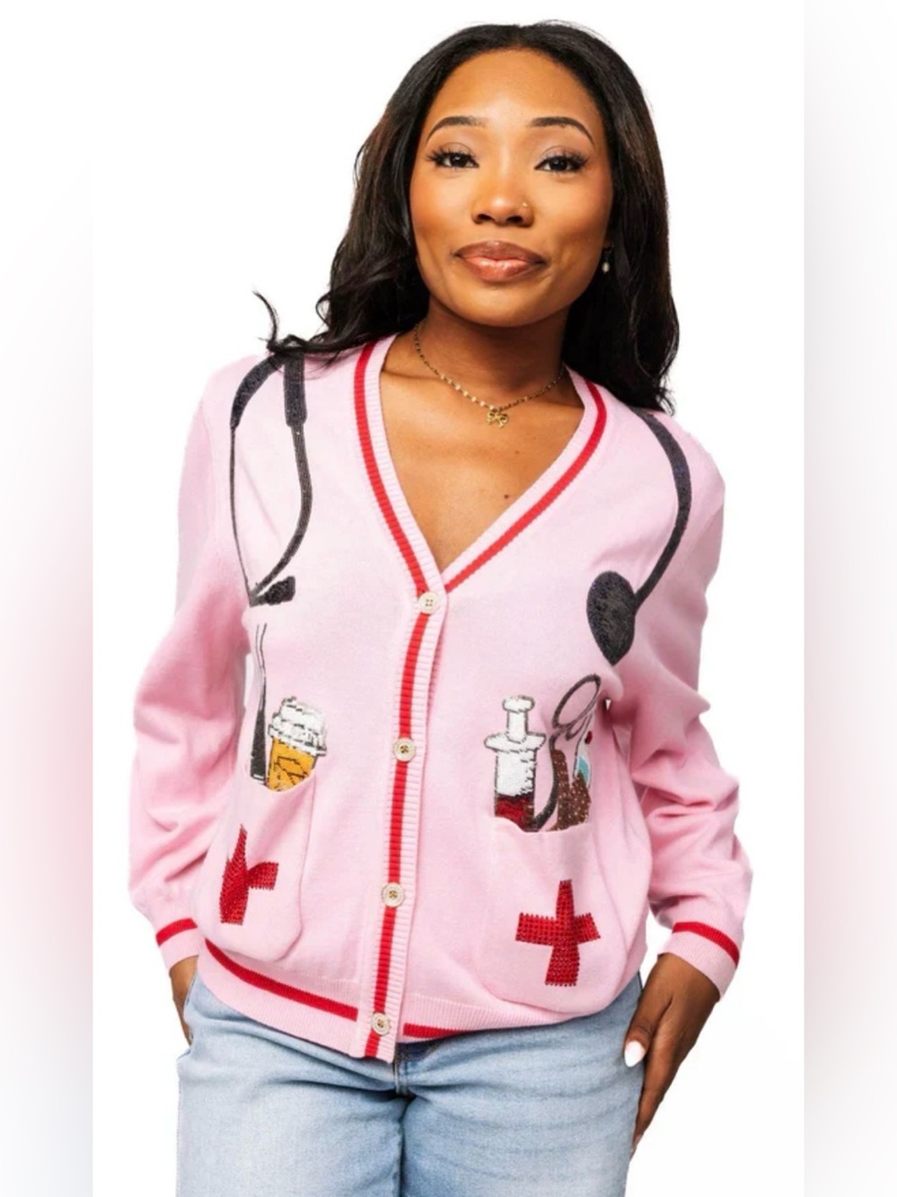 New! QUEEN OF SPARKLES Pink Sequin Medical Supply VβNeck Cardigan - Picture 2 of 10